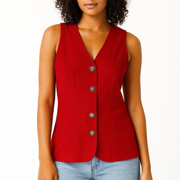 Vintage 80s Longline Cherry Red Button Up Vest Womens Small Gold Buttons Belted - Picture 1 of 11